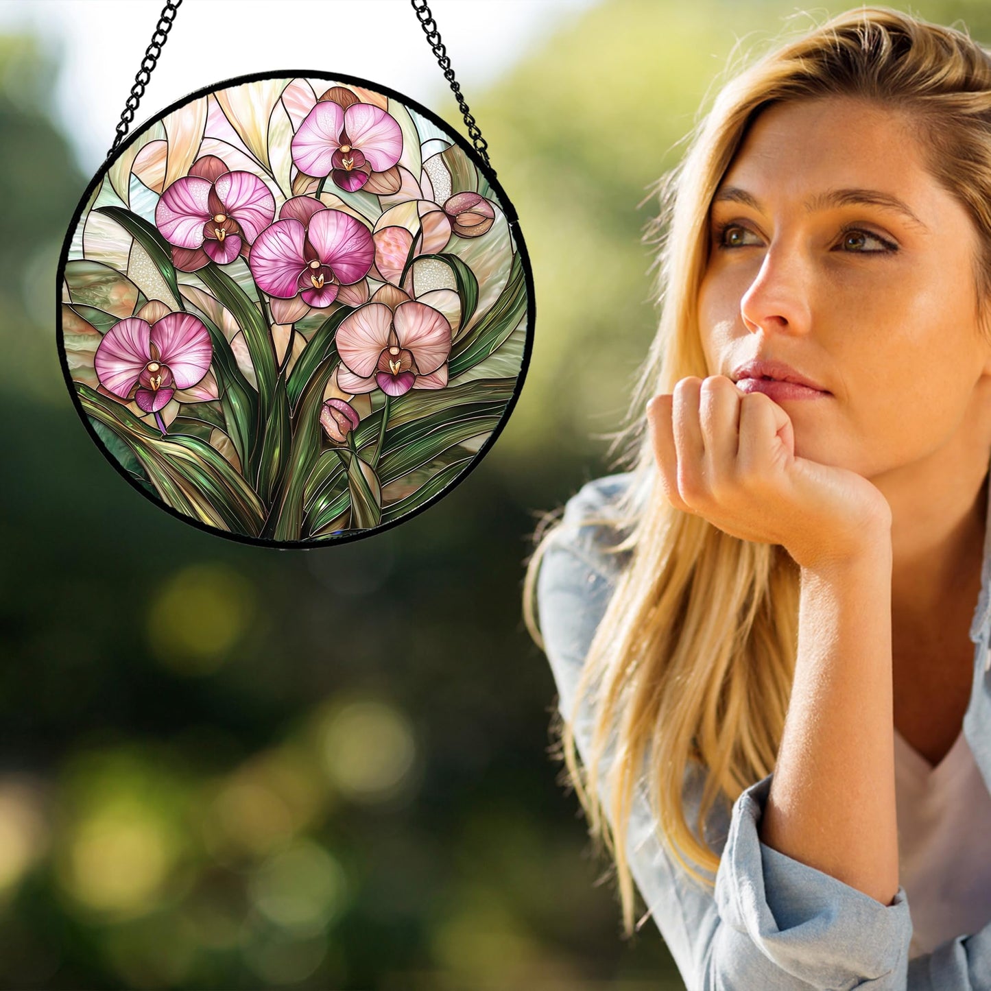 AMDERVEN Stained Glass Window Hanging - Pink Phalaenopsis Orchid Green Leaves Sun Catcher for Door Home Decor Flower Suncatcher Christmas Mother's Day Birthday Gifts for Women Men Mom Nana 9.8 in