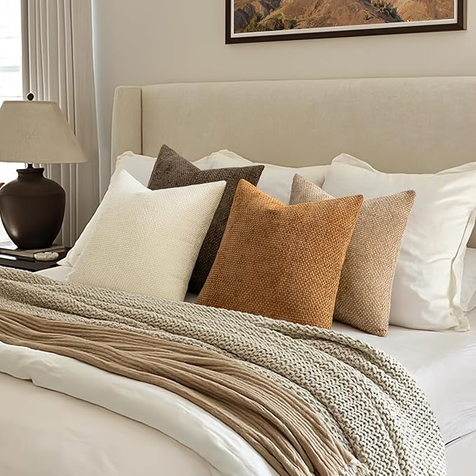 MIULEE Pack of 4 Brown Couch Throw Pillow Covers 24x24 Inch Soft Decorative Chenille Pillows Farmhouse Accent Cushions for Boho Home Decor Spring Sofa Bedroom Living Room