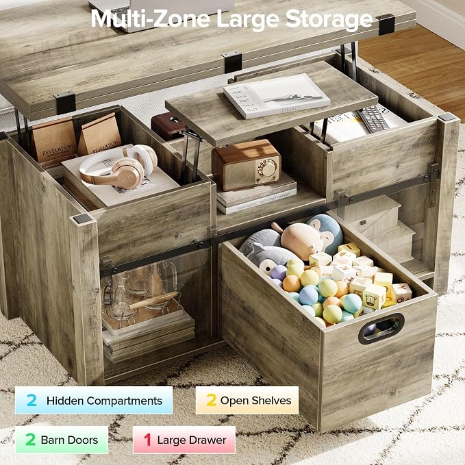 Memobarco 40" Farmhouse Lift Top Coffee Table with Sliding Barn Door,4 in 1 Multi-Function Coffee Tables with Storage Drawers & Hidden Compartment,Converts to Dining Table for Living Room,Grey