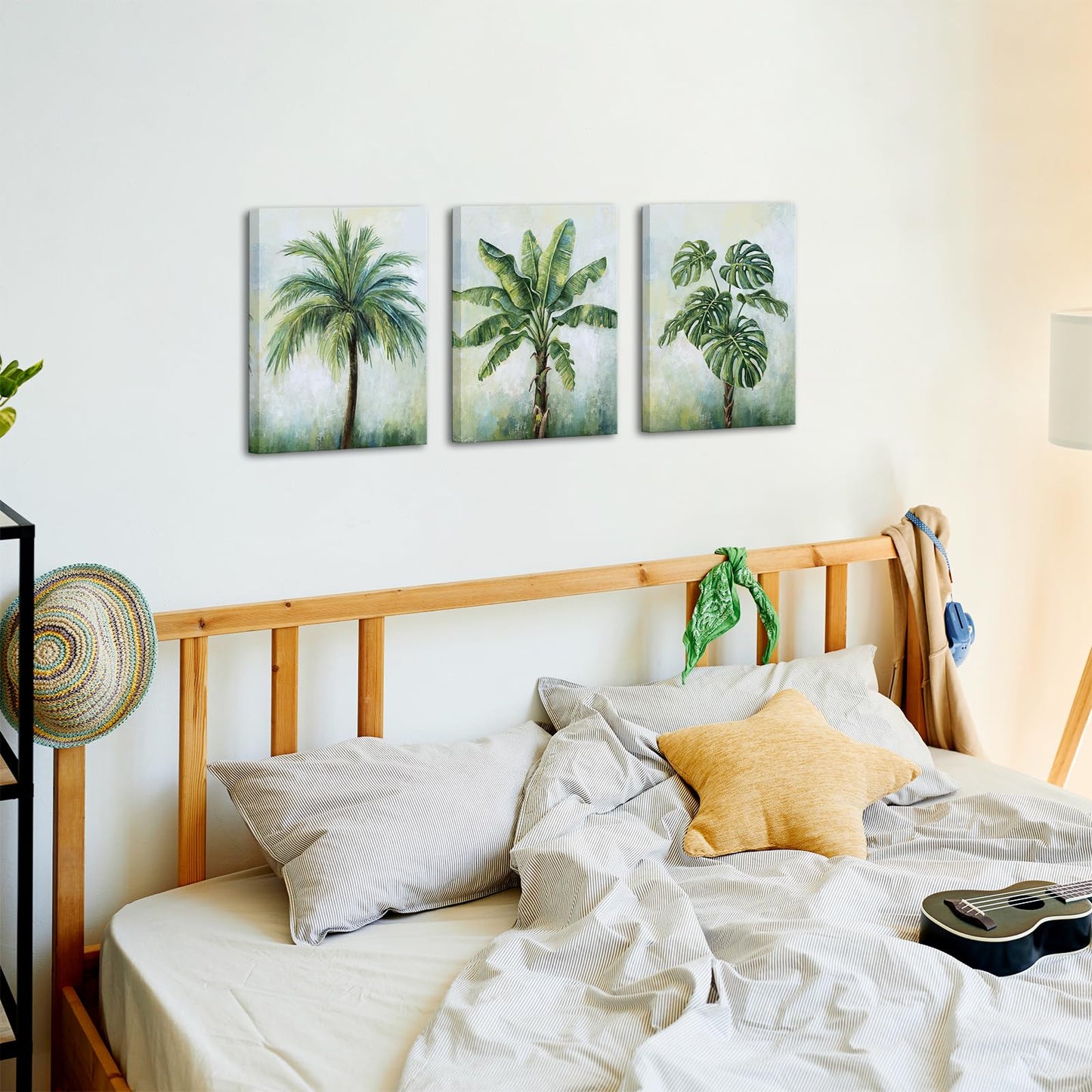 KREATIVE ARTS Tropical Plant Wall Art Set of 3 12x16 Inch Palm Banana Leaf Monstera Canvas Prints Green Botanical Artwork for Bedroom Bathroom Kitchen Office Decor Ready to Hang