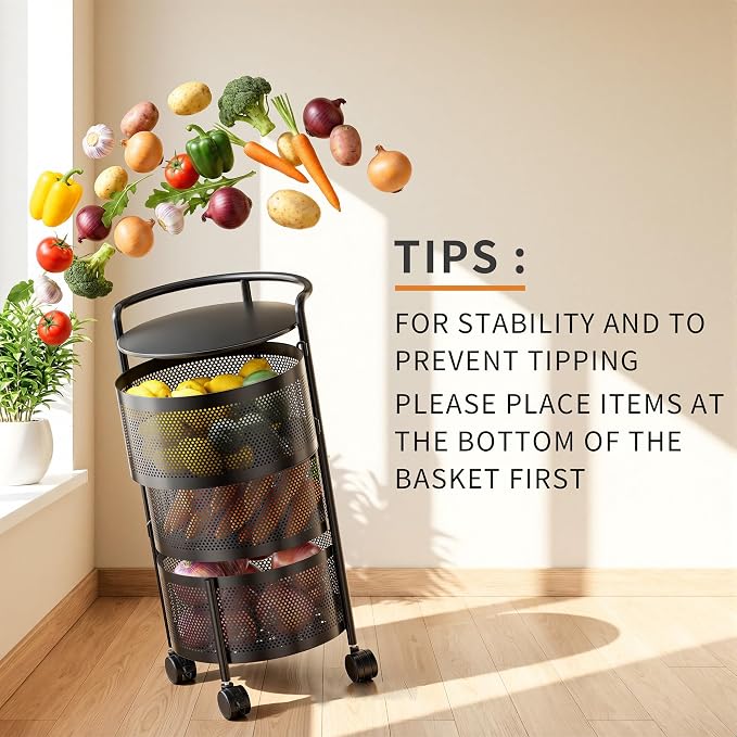 JAQ 3-Tier No Assembly Vegetable Storage Rack, Under Counter Rotating Fruit Basket with Wheels, Carbon Steel Kitchen Organizer for Potato Onion, Fruteros Para Cocina, Black
