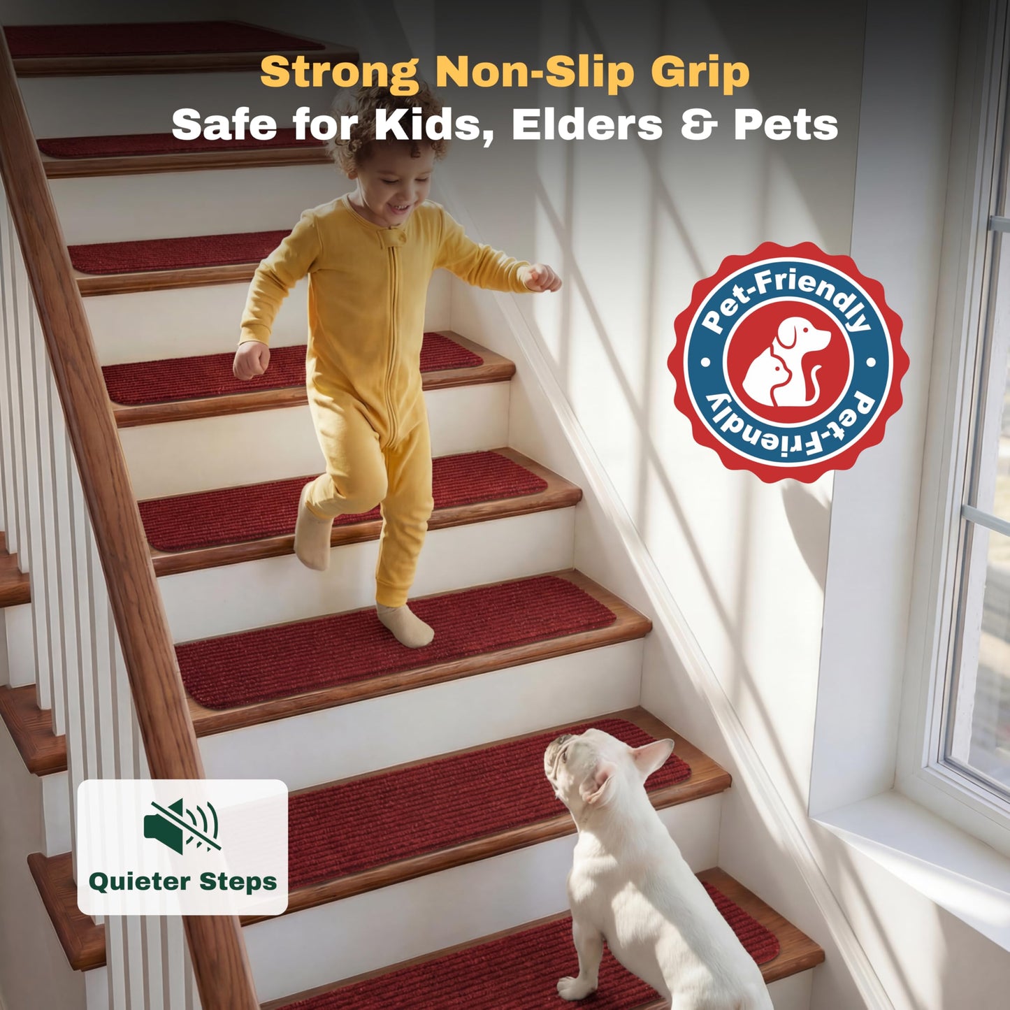 MBIGM 8" X 30" (15 in Pack) Non-Slip Carpet Stair Treads Non-Skid Safety Rug Slip Resistant Indoor Runner for Kids Elders & Pets w/Reusable Adhesive Red Anti-Slip Stair Strips - Washable Stair Treads