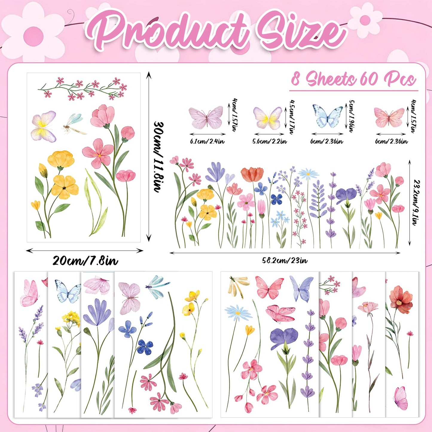 Flower Wall Decals - 8 Sheets 60 Pcs Floral Butterfly Wall Stickers Peel and Stick Wildflower Wall Decals for Girls Bedroom Living Room Home Office Wall Décor