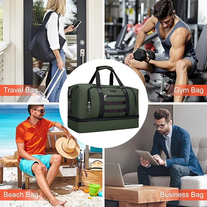 WITZMAN Travel Duffle Bags for Men Weekender Bags with Toiletry Bag Sets Carry On Overnight Bag 55L （B696 Army Green）