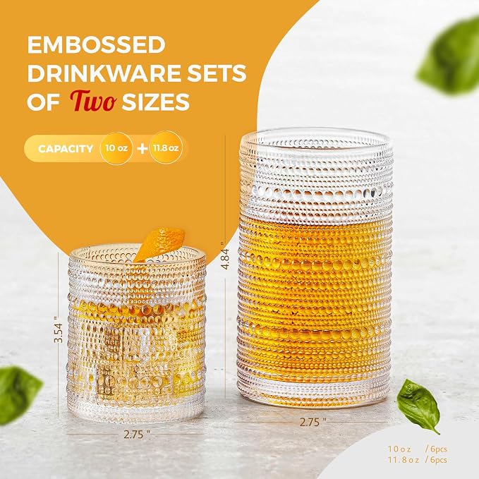 Hobnail Drinking Glasses Set of 12, 11.8 oz Vintage Glasses Drinking Set & 10 oz Cocktail Glasses Set, Embossed Glass Cups for Kitchen, Beer, Juice, Cocktail, Whiskey, Milk