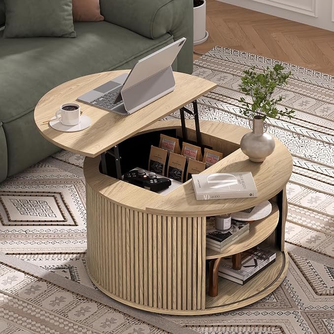JOINICE 31.5" Round Lift Top Coffee Table,Natural Oak Modern Fluted Drum Center Table with Hidden Storage, Japandi Scandi Wood Circle Desk for Boho Living Room & Apartment