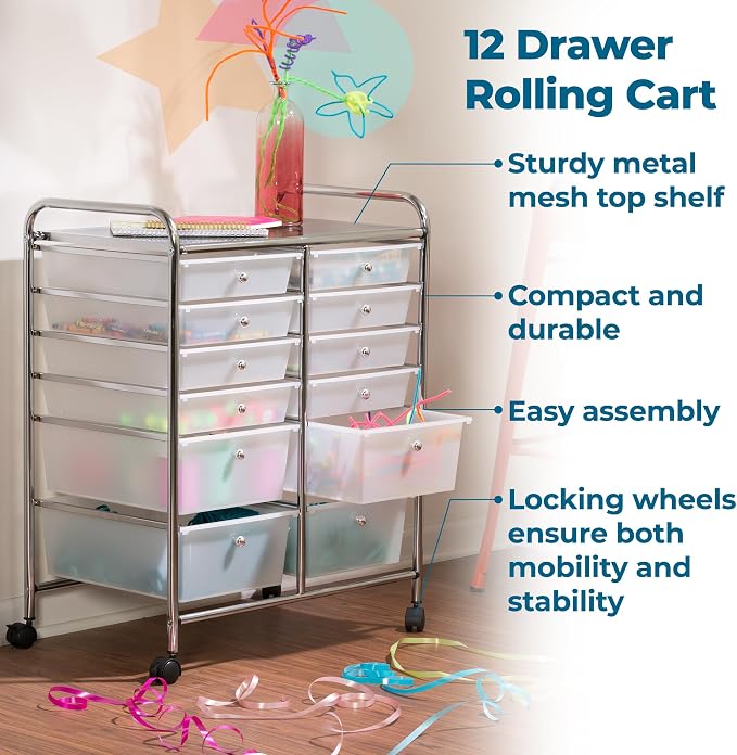 Honey-Can-Do Rolling Storage Cart and Organizer with 12 Plastic Drawers