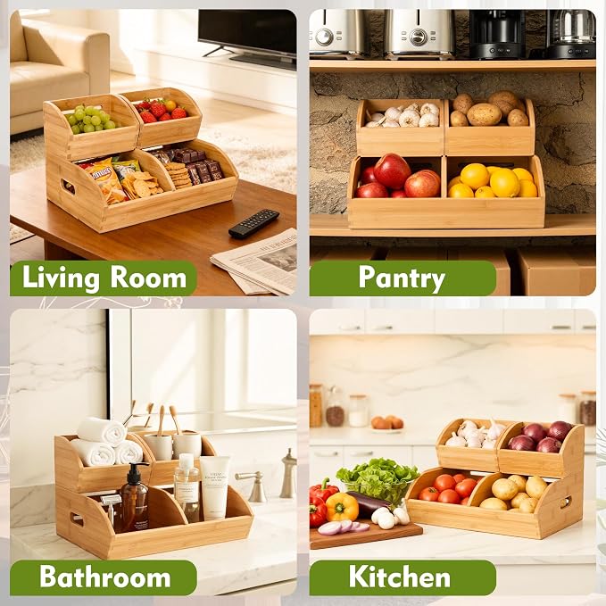 Potato and Onion Storage Bin for Pantry and Kitchen, Ventilated Stackable Bamboo Storage Bins with Handles - Multipurpose Organizers, Produce Containers for Bread, Vegetable, Fruit (Natural, 3 Pack)
