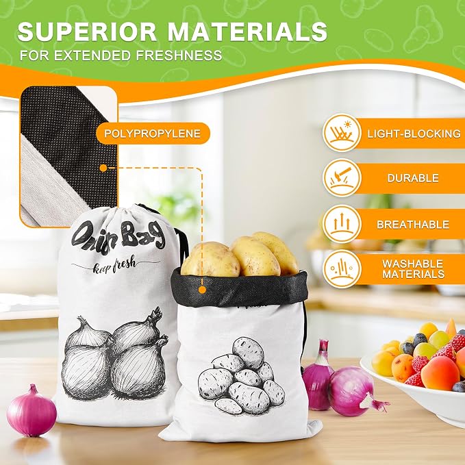 Onion Bag, Potato Bag, Vegetable Storage Bags, Reusable 8-Pound Potatoes Storage Bags With Light-Blocking Liner, Drawstring Closure & Side Access For Vegetable Keep Fresh 16"x11.4"(2Pack)