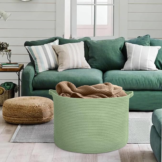 MEGASKET Extra Large Green Basket, 22" X 22" X 14" Woven Cotton Rope Baskets for Blankets, Nursery Laundry Basket, Cute Kids Toy Storage Bin, Green Living Room Bedroom Decor Baskets for Organizing