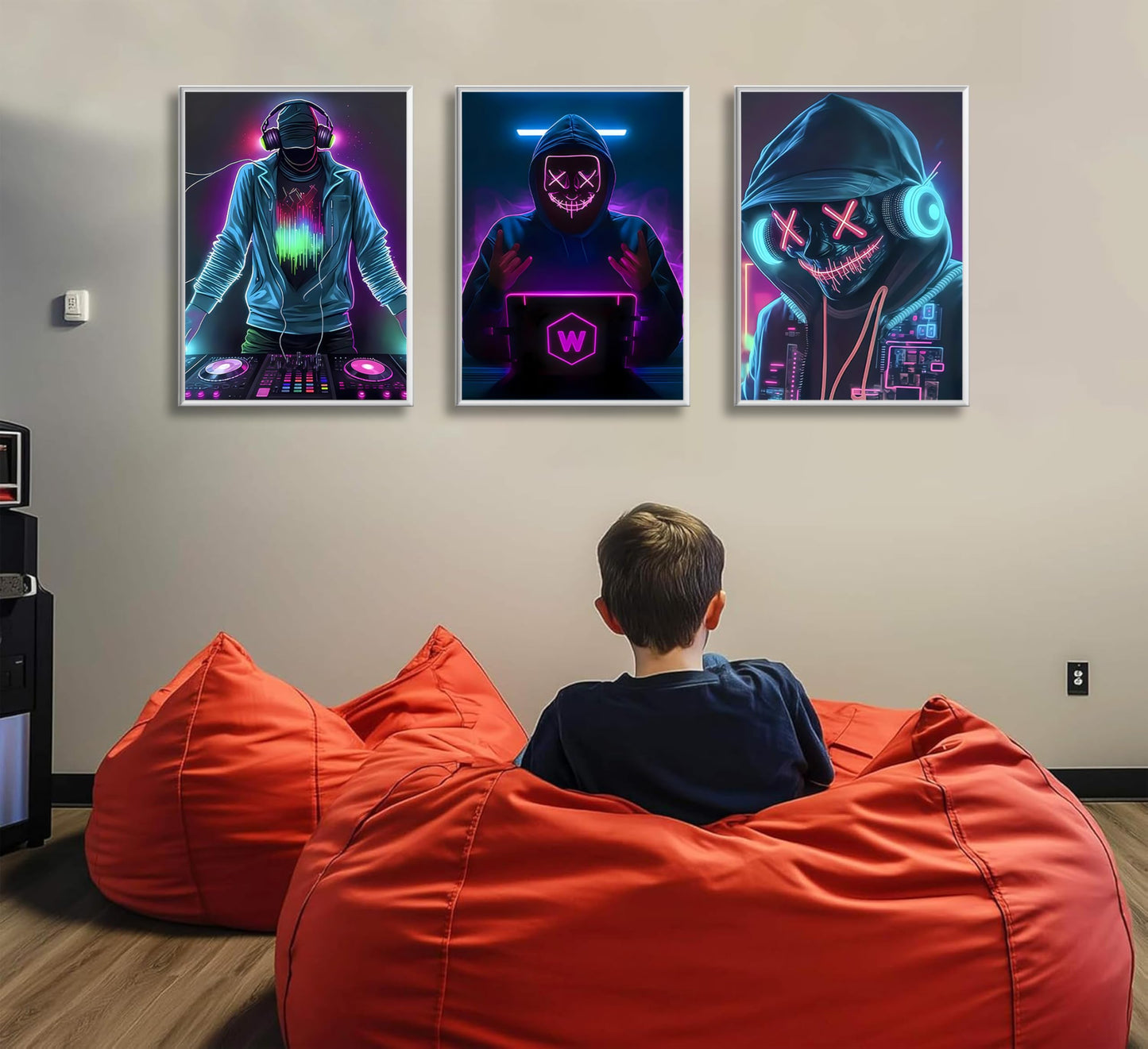 JWDXNOOK 3Pcs Cool Gaming Wall Art Neon Hooded Mask Character Pictures Posters Wall Decor Cyberpunk Canvas Paintings Prints for Teen Room Boy Bedroom Decoration Unframed