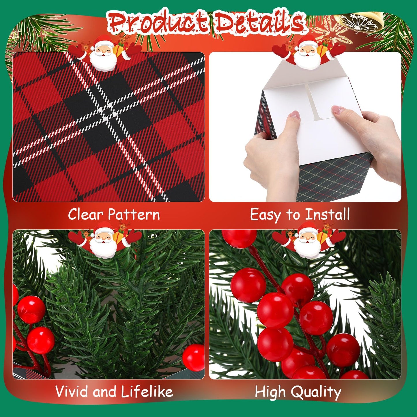 Zeyune 4 Set Christmas Centerpiece for Table Bulk, 4.7 Inch Xmas Centerpiece Decoration Ideal with Artificial Pine Branches and Red Berries Stems for Xmas Party Indoor Home Decor (Christmas Plaid)