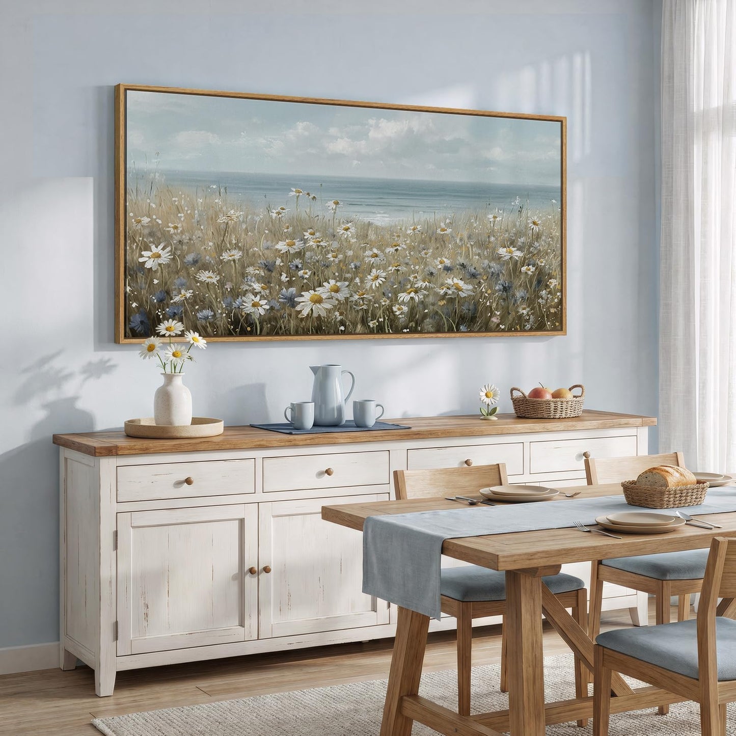 Extra Large Framed Coastal Landscape Wall Art for Living Room, Horizontal Wildflower Seascape Canvas Artwork for Walls, Ocean Scenic Picture Print for Dining Room Bedroom Office Wall Decor, 60x30 Inch