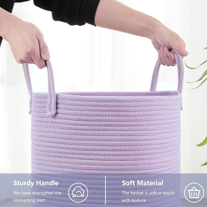 80L Extra Large Purple Hamper Laundry Basket for Nursery Kids 16Dx22H inches Tall Lavender Blanket Basket for Girls Cotton Rope Lilac Clothes Hamper in Bedroom