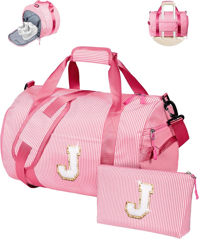 Birthday Gift for Teen, Girl Gym Bag, Kids Initial Overnight Duffel Bags with Shoe Compartment, Personalized Travel Bag with Makeup Pouch, Girly Cute Stuff Trip Essentials (Letter J)