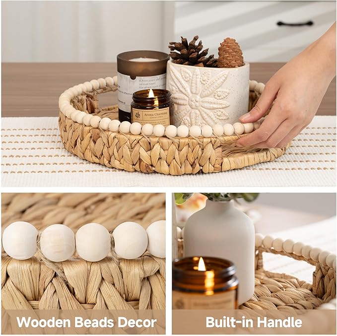 StorageWorks Round Decorative Trays for Home Decor Farmhouse, Wicker Coffee Table Tray Decor with Wooden Beads and Handles, Woven Dining Room Decor Tray for Kitchen Counter,Living Room,Bedroom