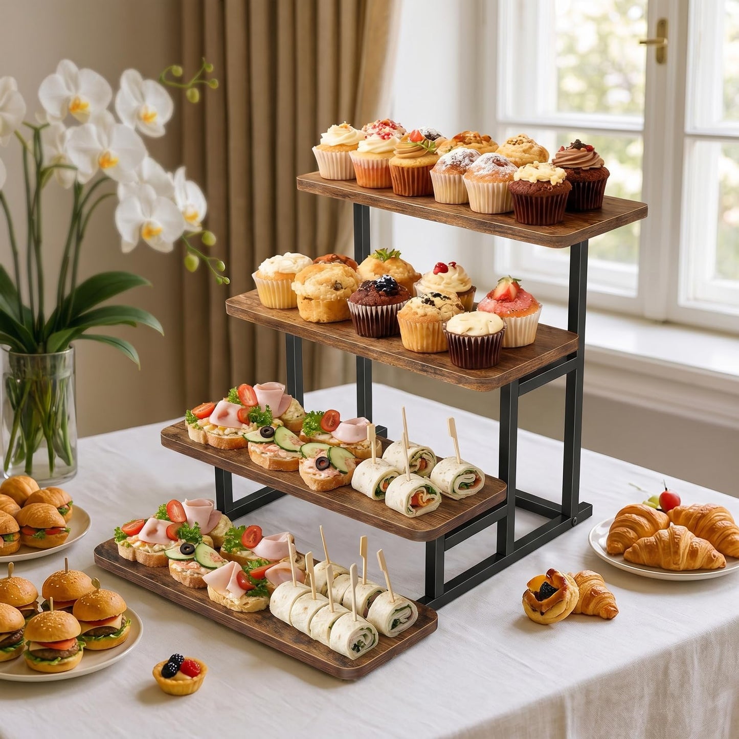 FZGhome Cupcake Stand for 50 Cupcakes 4 Tiered Tray Stand for Food Cookie Wooden Dessert Display Risers for Party Wedding Buffet Stepped Risers Display Stands for Vendor Farmers Market Display, Brown