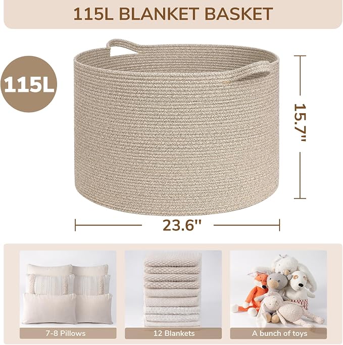 INDRESSME 115L Extra Large Woven Blanket Baskets for Storage, Toy Organizers and Storage Rope Baskets for Boys Girls Kids，Burr Basket Storage Bins for Decor Laundry Shoe, Brown