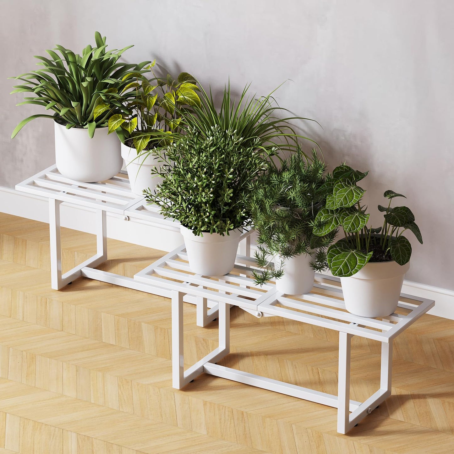 Rioneta 2-Pack Elegant Mid-Century Modern Metal Tiered Plant Stand Robust 330 lbs Capacity Versatile Indoor Outdoor Display for Living Room, Patio & Balcony White