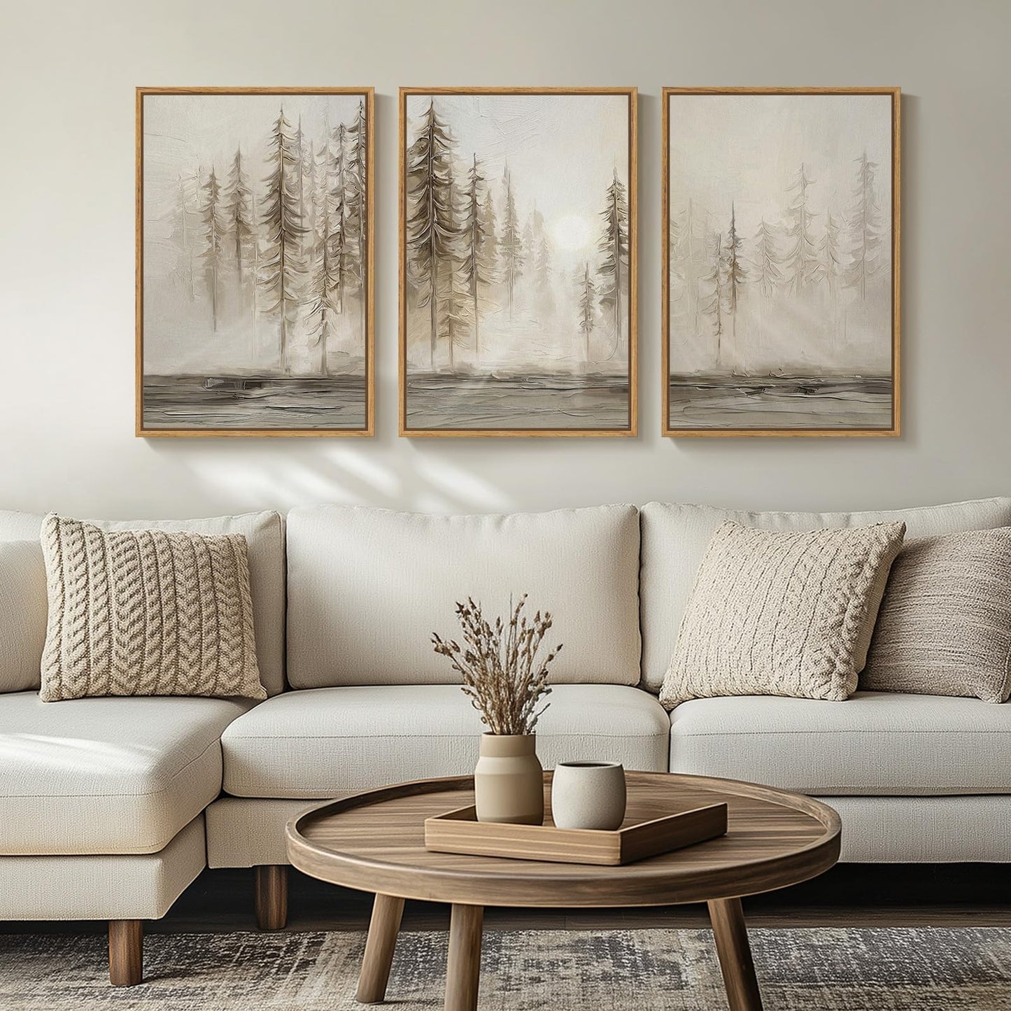 Framed Neutral Tree Set of 3 Wall Art Bedroom, Abstract Modern Rustic Landscape Beige Canvas Artwork for Walls, Nordic Misty Forest Farmhouse Wall Decor for Bedroom Hallway Office, 16x24 Inch