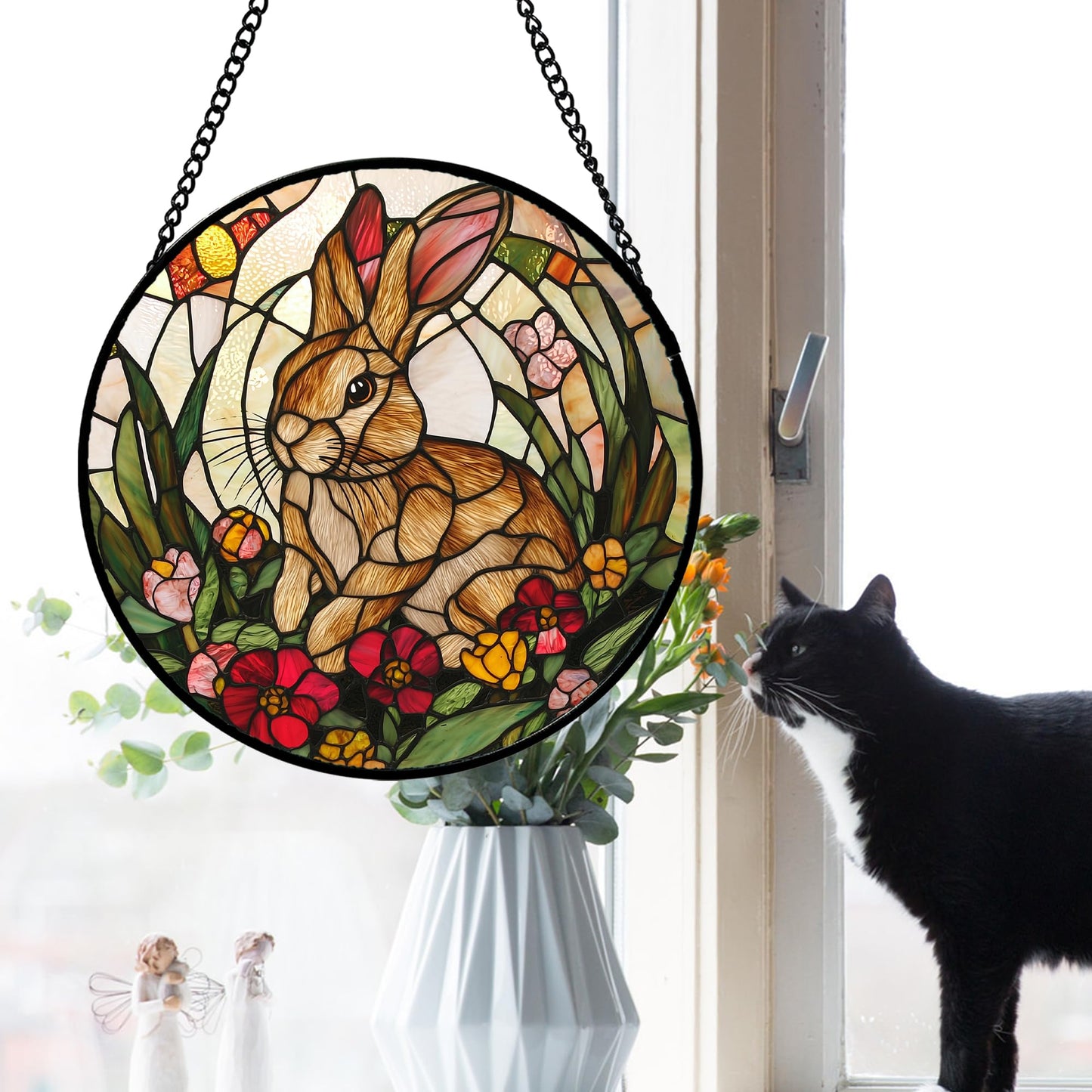 AMDERVEN Stained Glass Window Hanging, Cute Bunny Flowers Sun Catcher for Window Door Home Decor, Rabbit Suncatcher Christmas Mother's Day Birthday Gifts for Women Men Mom and Nana 6.3 in