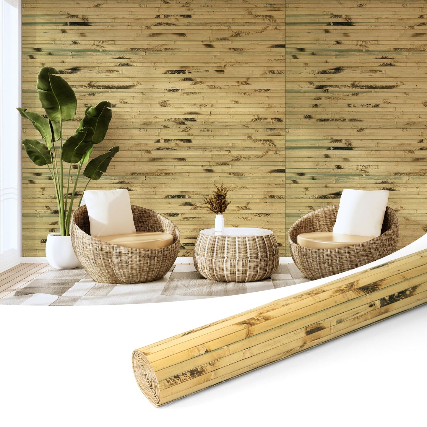 Art3d Natural Bamboo Wall Panel for Interior Wall Decor, Renewable Pole Wrap Wainscoting Paneling for Wall Ceiling Furniture Cabinet Office, 48 x 96 Inch - Light Burned