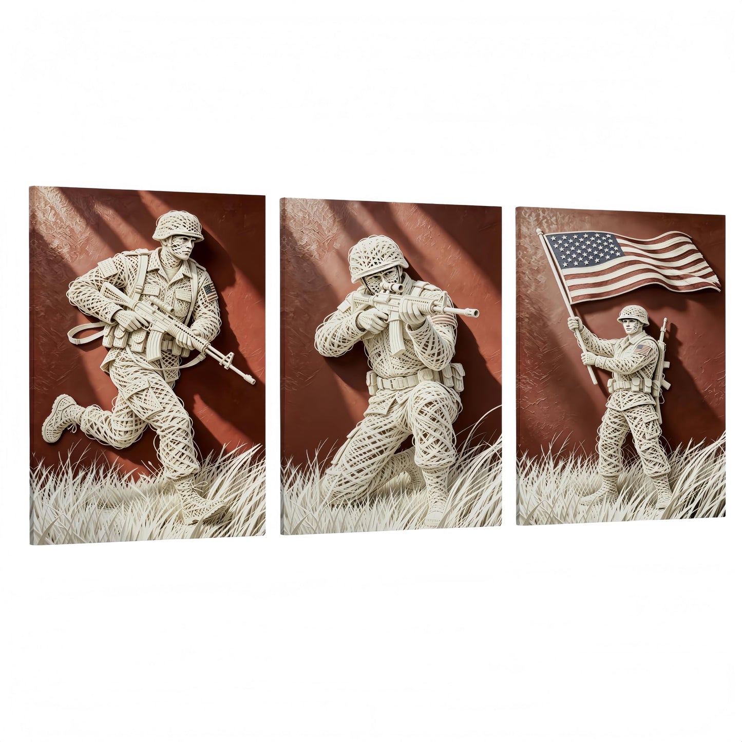 DIIMOST 3 Piece Faux Wire Art US Soldier Canvas Triptych, Patriotic Military Decor Set for Large Wall, Living Room, Office & Veteran Gift，(16×24inch*3)