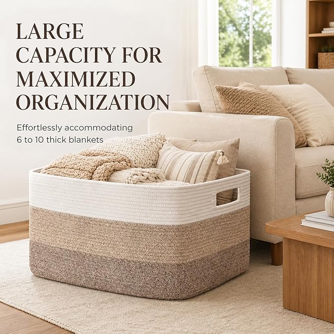 OIAHOMY Large Blanket Basket, 22”x17”x12” Rectangle Woven Baskets, Nursery Blanket Storage Living Room, Toy Storage With Handle, Large Baskets for Organizing-Gradient Yellow
