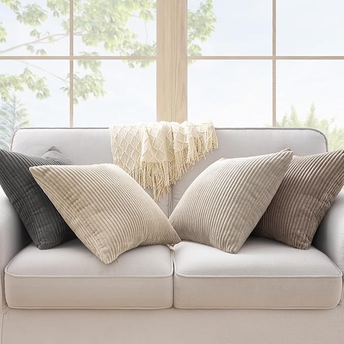 Topfinel 4 Packs Natural Decorative Throw Pillows Covers 24x24 Inch for Living Room Couch Bed Sofa, Rustic Farmhouse Boho Home Decor, Soft Plush Striped Corduroy Square Cushion Case 60x60 cm