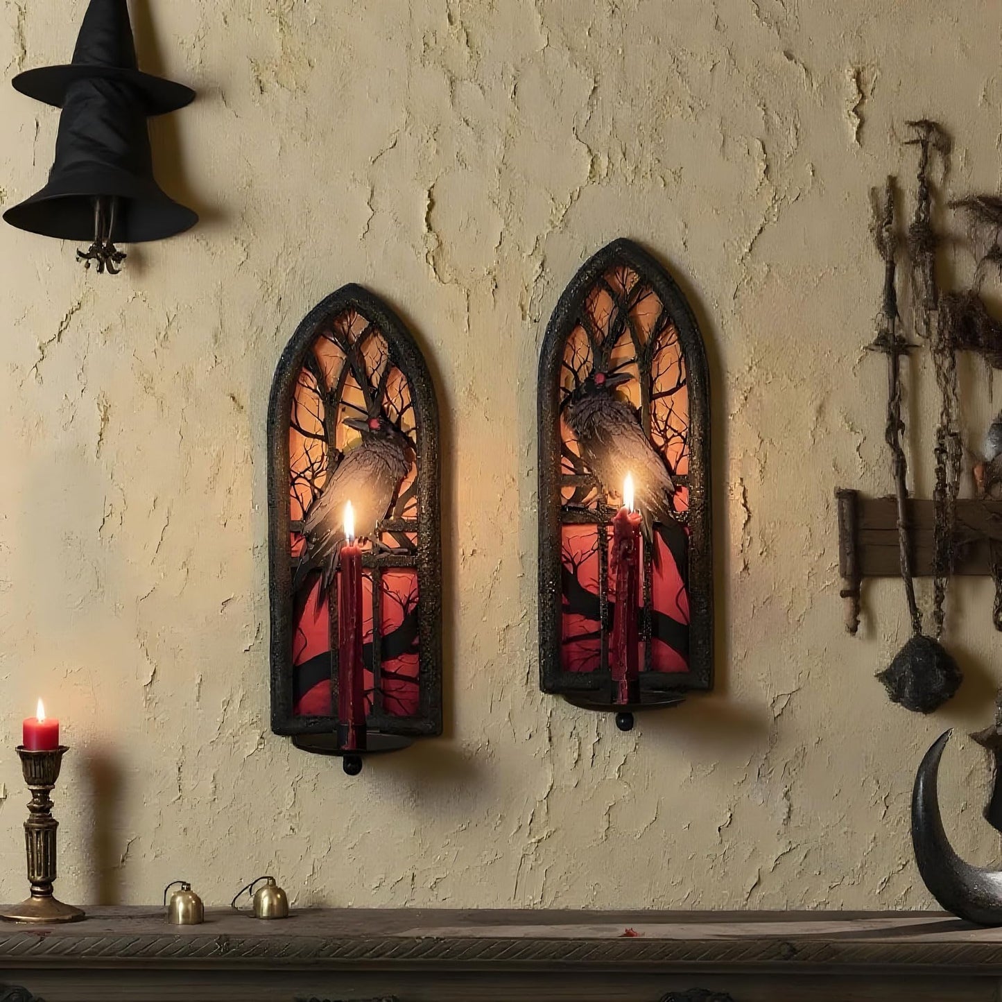 AimtoHome Gothic Wall Candle Sconces Set of 2, Wrought Iron Crow Wall Mounted Candelabra Holder with Removable Trays for Taper & Pillar Candles, Medieval Cathedral Window Design, Dark Academia Decor
