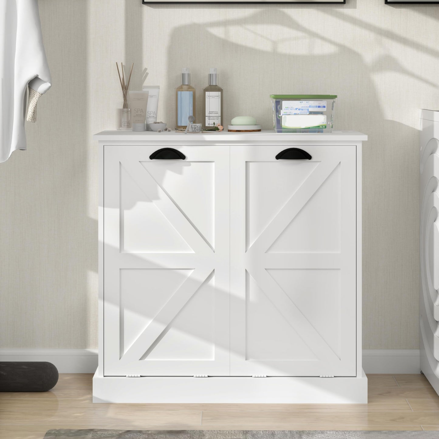 agnixnaf White Sorter Cabinet, Two-Compartment, Tilt-Out Laundry, Easy to Maintain, Storage Organizer for Living Room, Bedroom