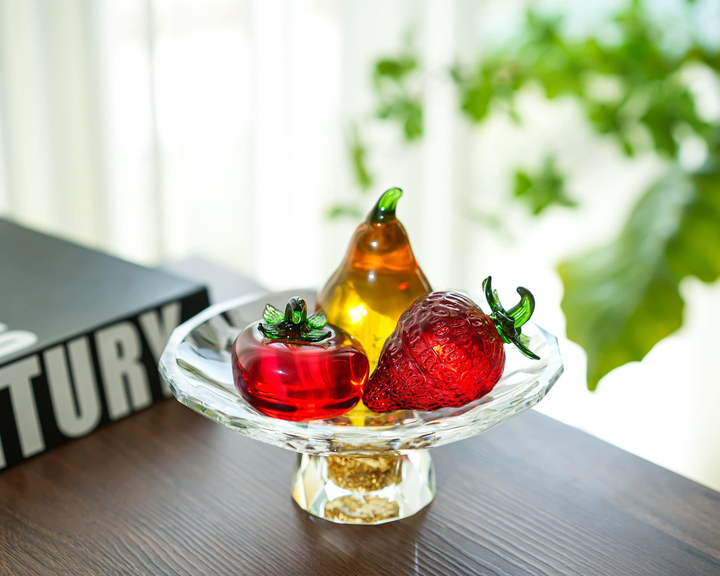 KRISININE Glass Red Strawberry Figurine Crystal Fruit Collectibles Art Glass Fruits Decoration for Home Office Strawberry Kitchen Decor for Women
