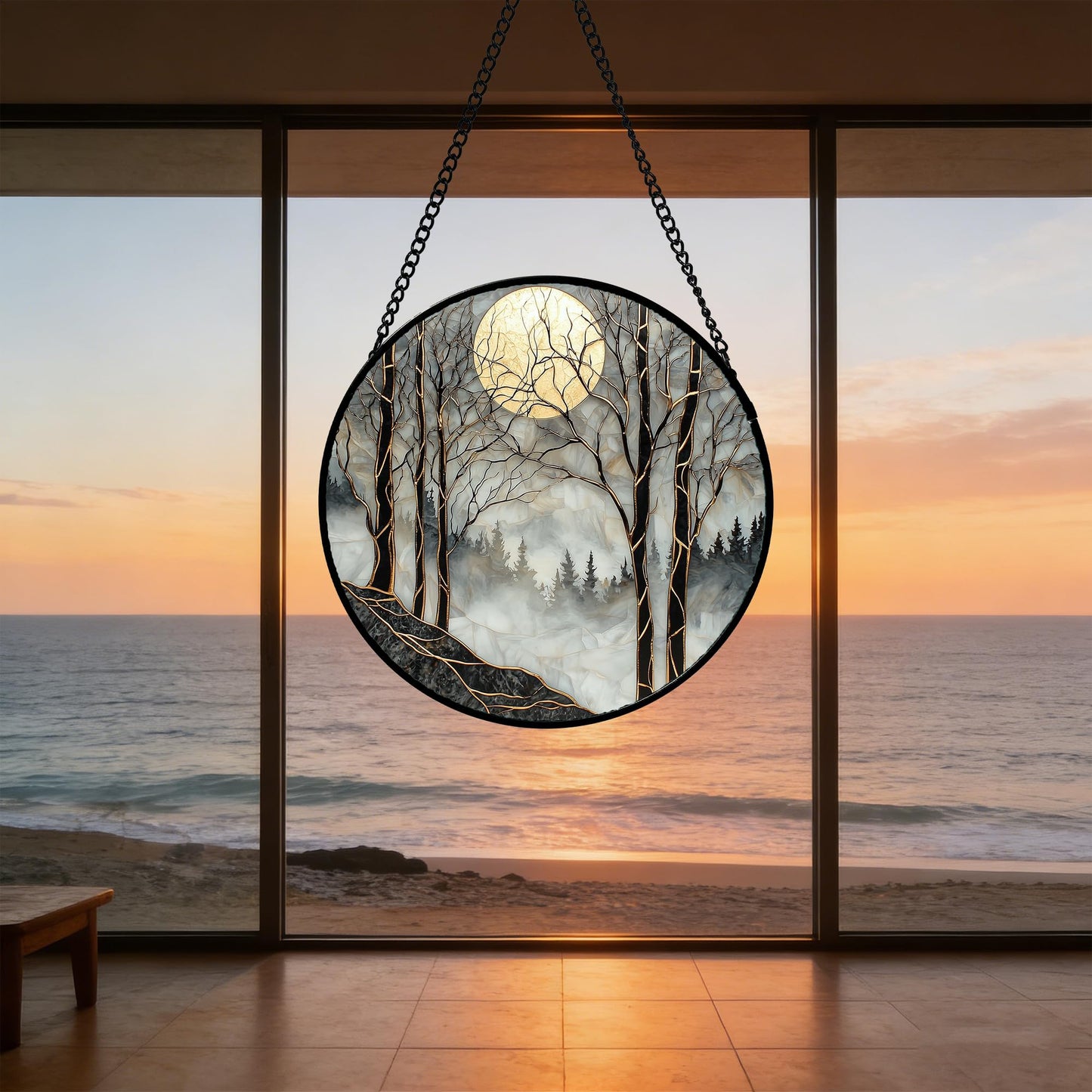 AMDERVEN Stained Glass Window Hanging - Black and White Gold Moon Forest Sun Catcher for Door Home Decor Suncatcher Christmas Mother's Day Birthday Gifts for Women Men Lovers Mom Nana 11.8 in