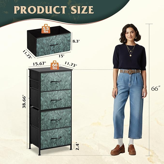 WLIVE Dresser with 4 Drawers, Storage Tower, Organizer Unit, Fabric Dresser for Bedroom, Hallway, Entryway, Closets, Sturdy Steel Frame, Wood Top, Easy Pull Handle, Vintage Green