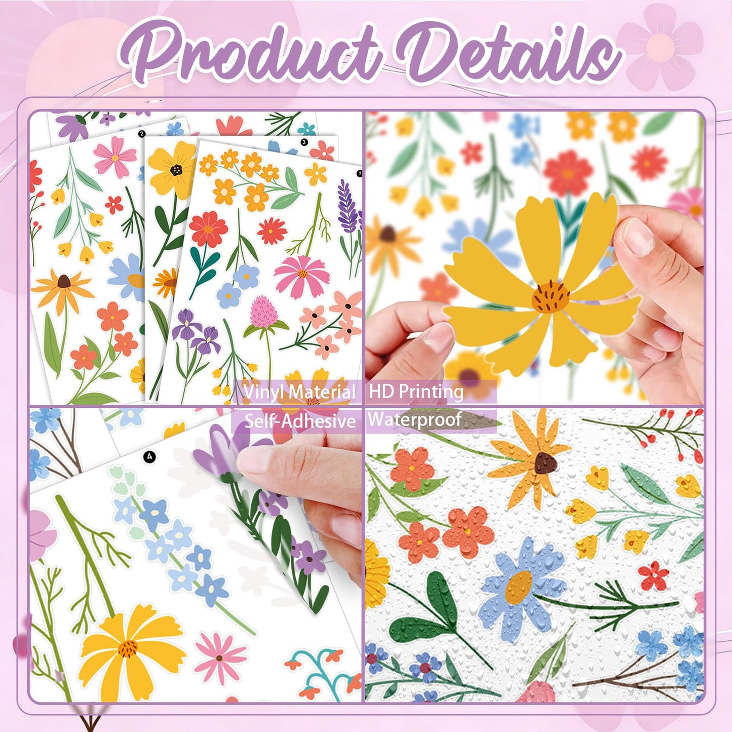 Spring Flower Wall Stickers, 8 Sheets Wildflower Wall Decals Peel and Stick Floral Wall Decor for Girls Bedroom Nursery Spring Room Decorations 90 Pcs
