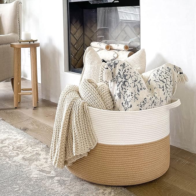 INDRESSME XXXLarge Jute Rope Basket 21.7" x 21.7" x 13.8" Woven Baby Laundry Baskets for Blankets Toys Storage Basket with Handle Comforter Cushions Storage Bins Thread Laundry Hamper