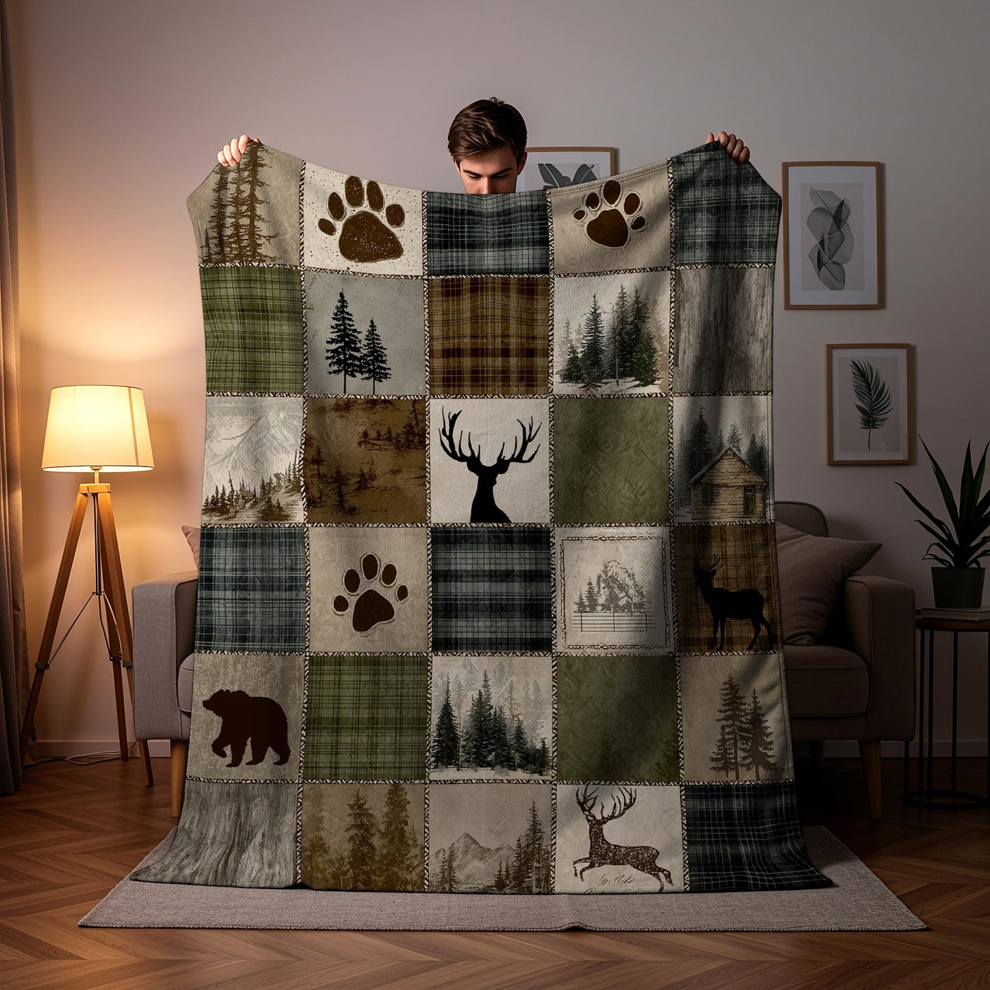 DEMCEAR Rustic Cabin Throw Blanket Wildlife Hunting Bear and Deer Brown Green Plaid Patchwork Lodge Blankets Soft Cozy Flannel Fleece for Living Room Bedroom Couch Sofa Bed Camping, 50x60 Inch