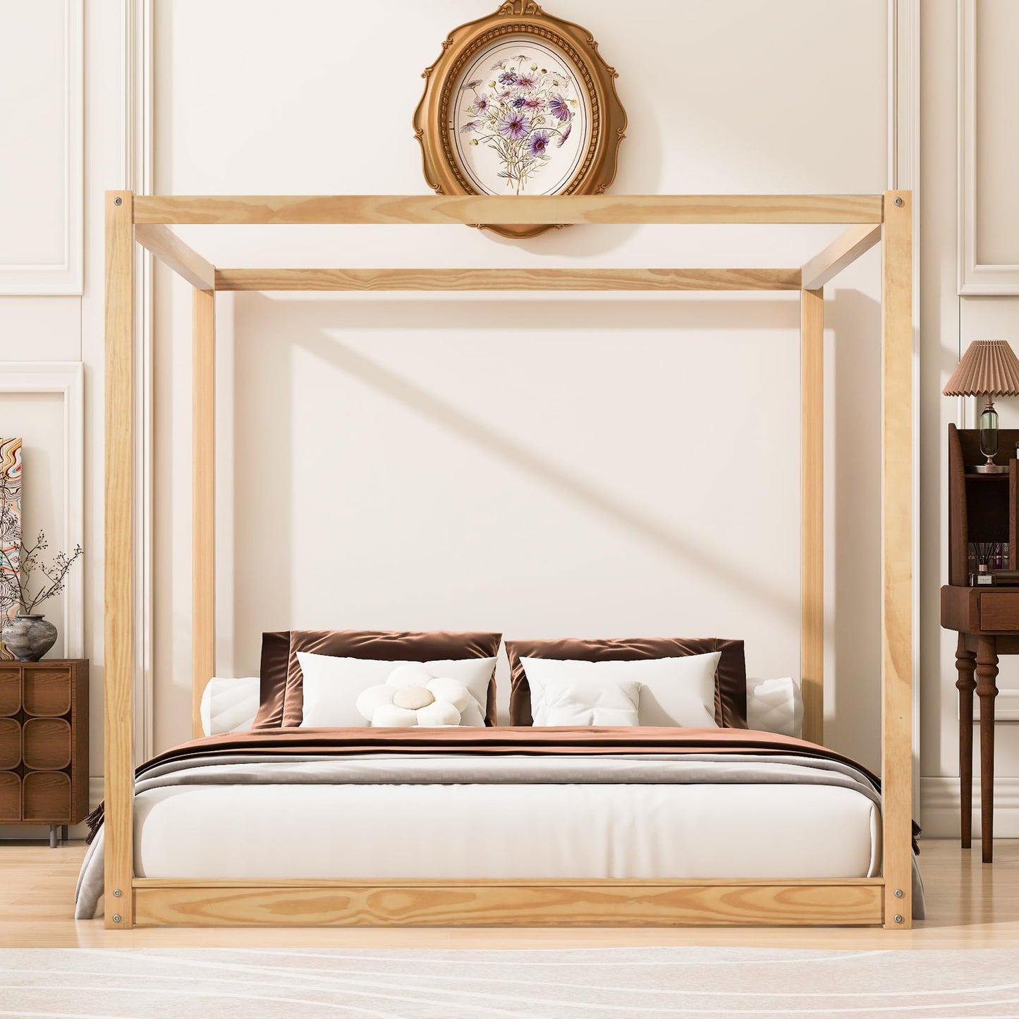 Merax Modern King Size Wood Canopy Bed Floor Platform Bed Frame/No Box Spring Needed/Easy Assembly, Nutural