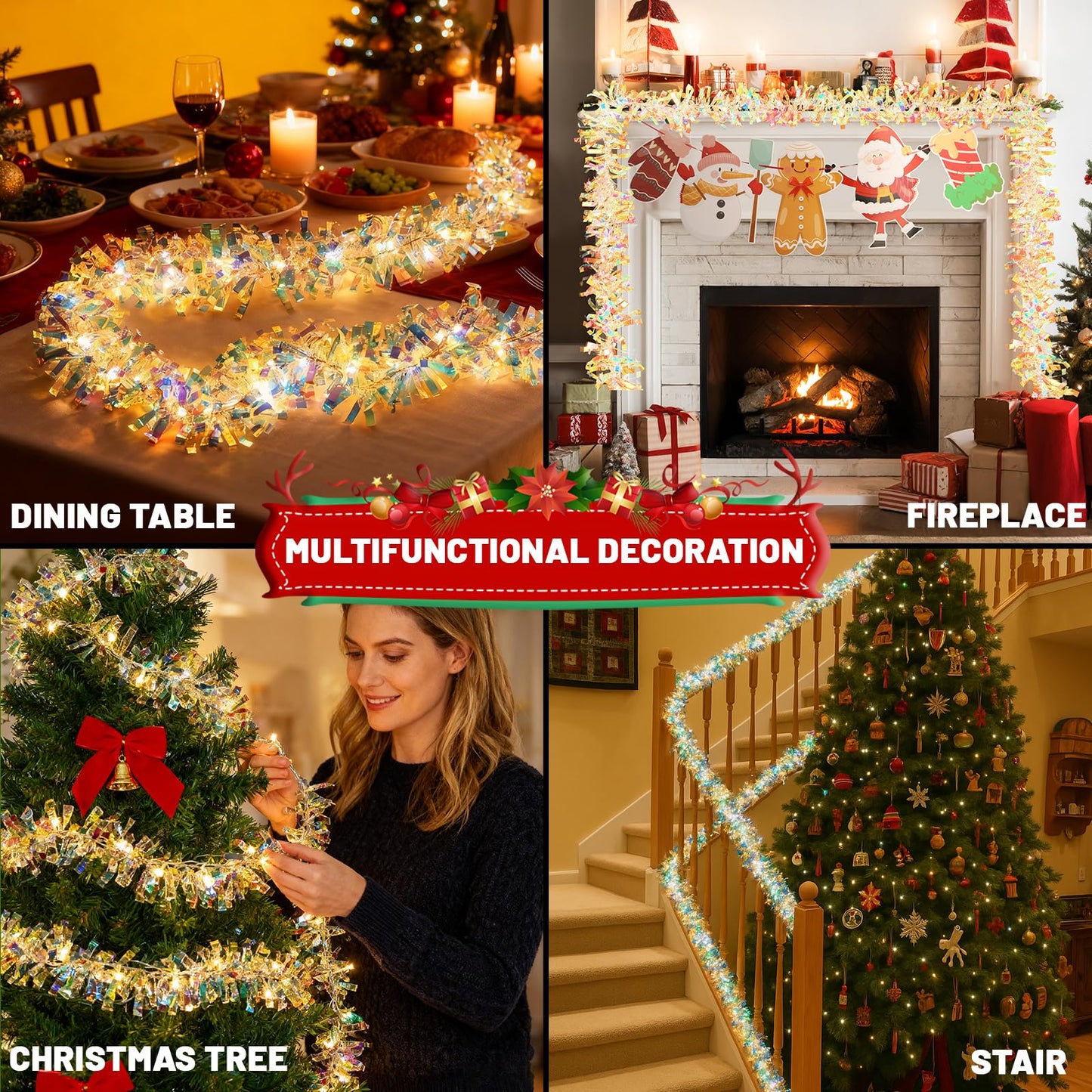 LAWOHO 16.5FT/5M Christmas Tinsel Garland with Lights, Shiny Iridescent Foil Garland for Valentines Day, Christmas Tree, Wedding Birthday Party, New Year Holiday, Indoor Outdoor Hanging Home Decor