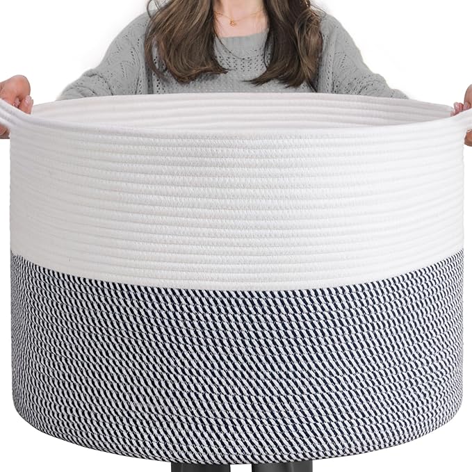 INDRESSME XXXLarge Cotton Rope Basket 21.7" x 21.7" x 13.8" Woven Baby Laundry Baskets Blanket Basket Toy Baskets with Handle Storage Comforter Cushions Navy Laundry Hamper