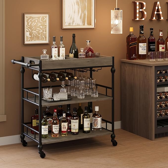 GarveeHome Bar Cart with Wheels, 3-Tier Serving Cart for Home, Mobile Rolling Beverage Cart with Wine Rack and Removable Tray for Kitchen, Dining, Living Room, 35.4" x 15.7" x 34.1", Grey