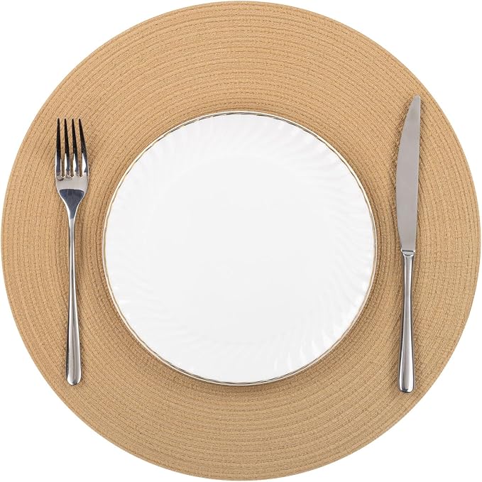 SHACOS 15 inch Round Braided Placemats Set of 6 Cotton Polyester Heat Resistant Round Table Mats Washable Place Mats for Dinner Party Table Decoration (Camel, 6)