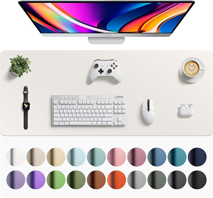 Aothia Faux Leather Desk Mat - Large Mouse Pad, Non-Slip PU Leather Blotter, Waterproof Writing Surface for Office and Home (Off-White, 42" x 17")