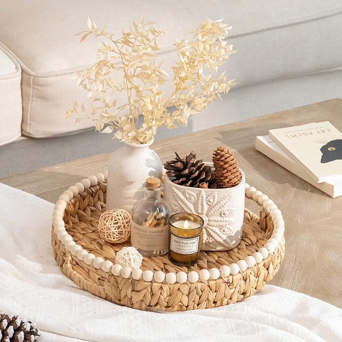 StorageWorks Round Decorative Trays for Home Decor Farmhouse, Wicker Coffee Table Tray Decor with Wooden Beads and Handles, Woven Dining Room Decor Tray for Kitchen Counter,Living Room,Bedroom