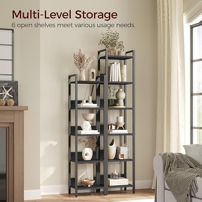 MAHANCRIS Bookshelf, 6-Tier Bookcase, Standing Book Shelf for Small Space, Storage Shelf Organizer, for Living Room, Bedroom, Study, Balcony, Black BKHB6601