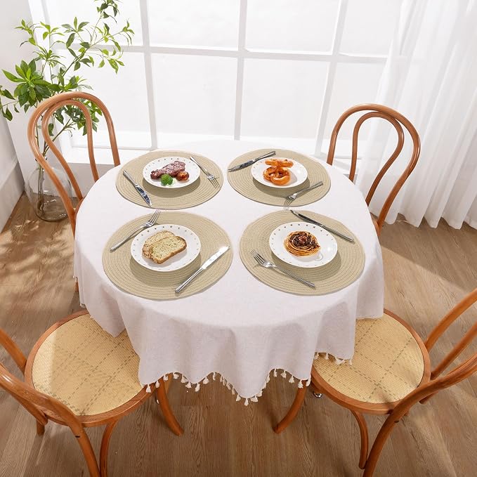 SHACOS 15 inch Round Placemats Set of 8 for Dining Table Cotton Polyester Braided Place Mats Washable Kitchen Table Mats for Dinner Party Table (Light Beige, 8)