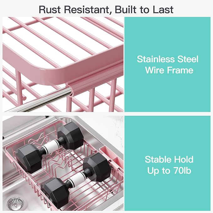 JASIWAY Pink Expandable Stainless Steel Dish Drying Rack Over The Sink for Small Kitchen, Counter Space Saving Compact Plate Drainer Strainer, Adjustable Hanging Metal Dish Dryer with Utensil Holder