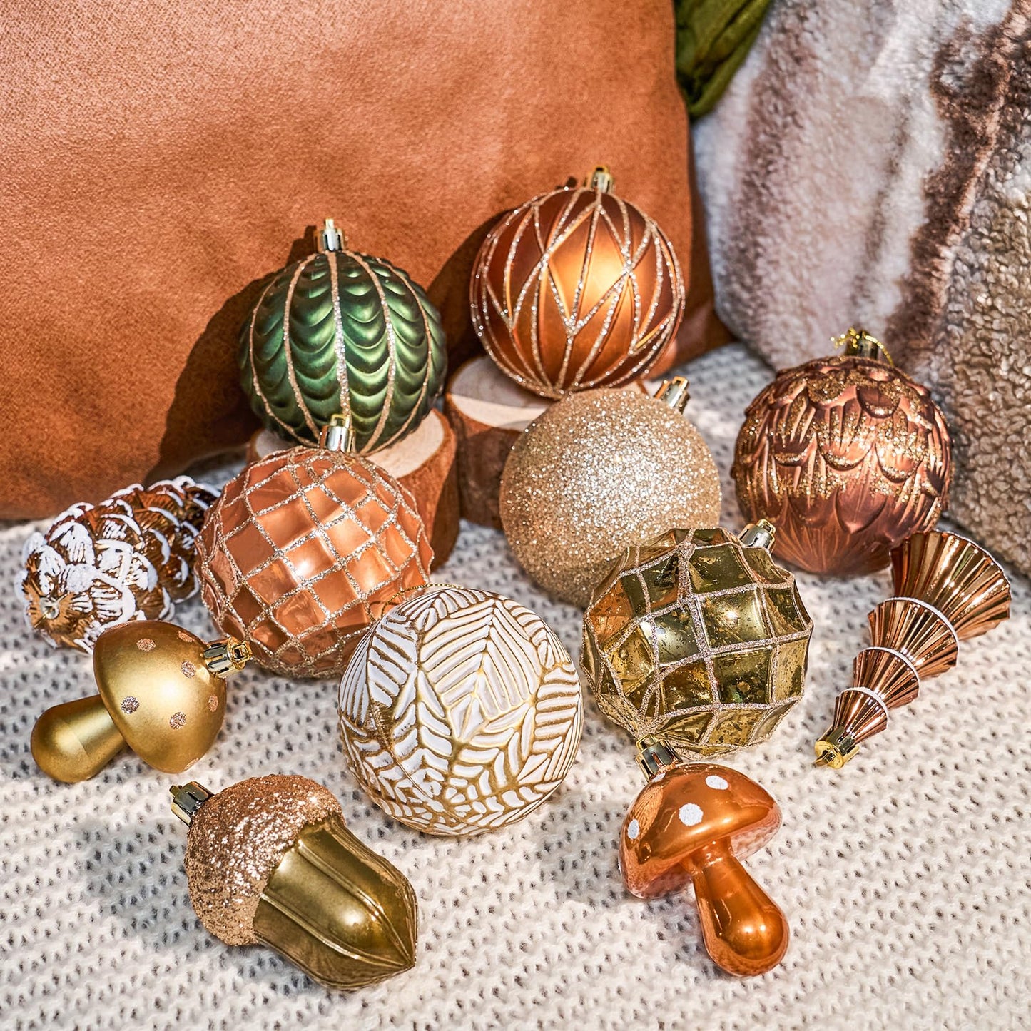 JORNOY Christmas Ornaments for Tree, Shatterproof Plastic Hanging Bulbs Set Decorations for Xmas Holiday Party with Lanyard, 36 Pack, Earth Tone