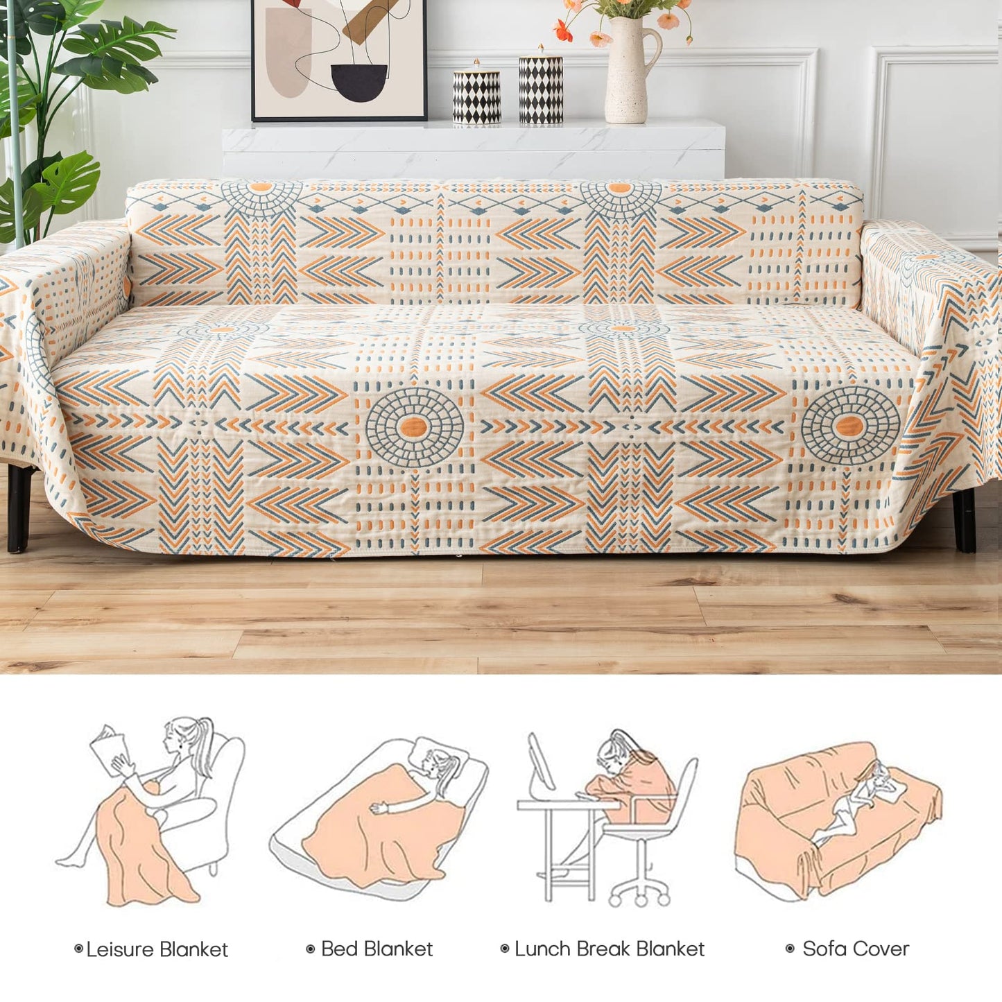 Osunnus Cotton Couch Cover Washable Boho Reversible Throw Sofa Cover Geometric Jacquard Multi-Use Furniture Protector for 2-3 Cushion Sectional L Shaped Sofa Bed Boho Home Decor, 79" x 118"