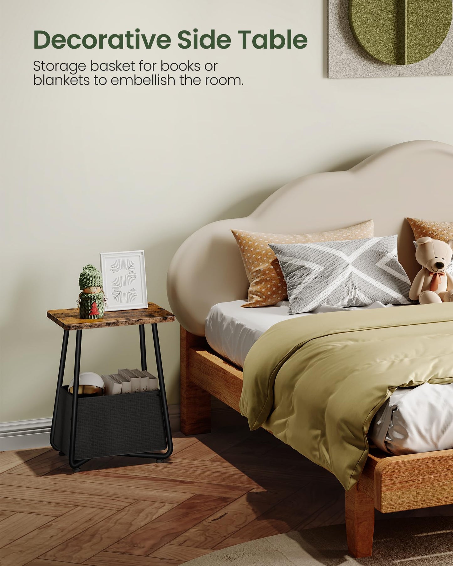 CHOEZON Small Nursery Side Table with Removable Fabric Basket, Compact End Table for Small Spaces, Space-Saving Nightstand for Bedroom Living Room, Rustic Brown TBZ13BF
